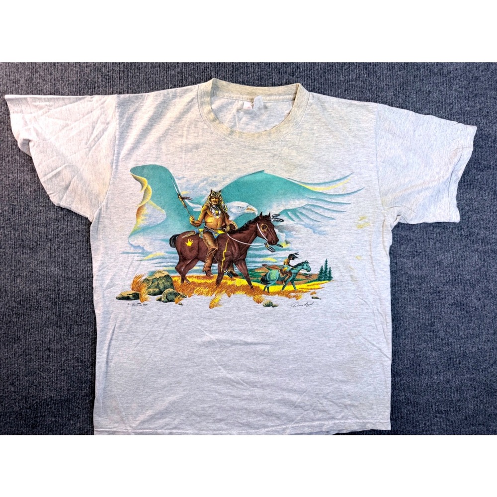 Vintage 90s Harwood Native American Graphic T Shirt Mens L Gray USA Made 1995
